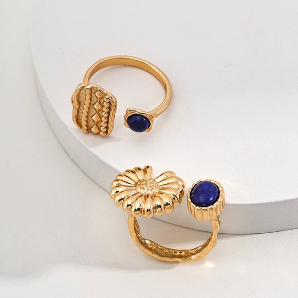 🌼 Artisan Original Daisy & Lapis Lazuli Bypass Ring | S925 Gold Adjustable - Picture 7 of 9